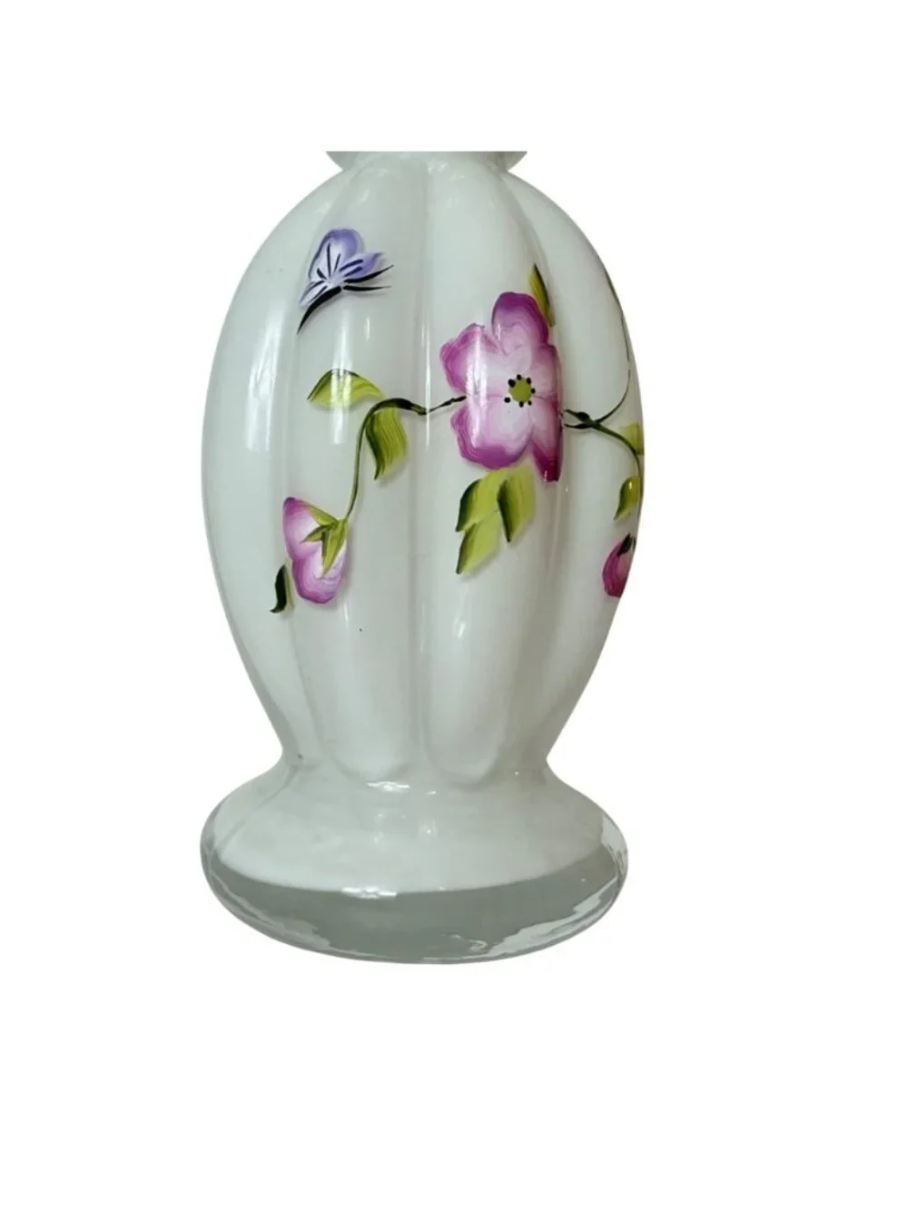 Romantic White Glass Bud Vase Hand Painted VTG Purple Floral Ruffle Rim 8.5” - Picture 12 of 16